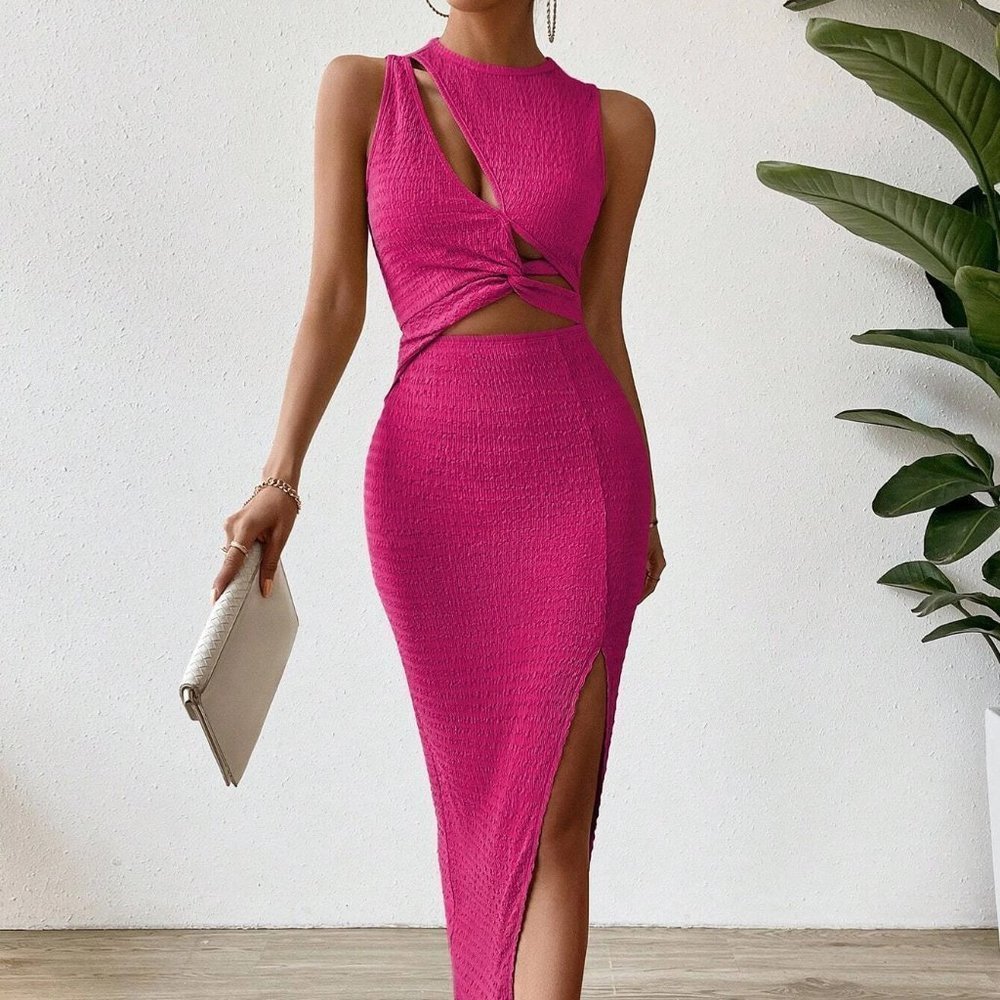 Pink Sexy Cut Out Twist Front Split Thigh Dress - Picture 2 of 5